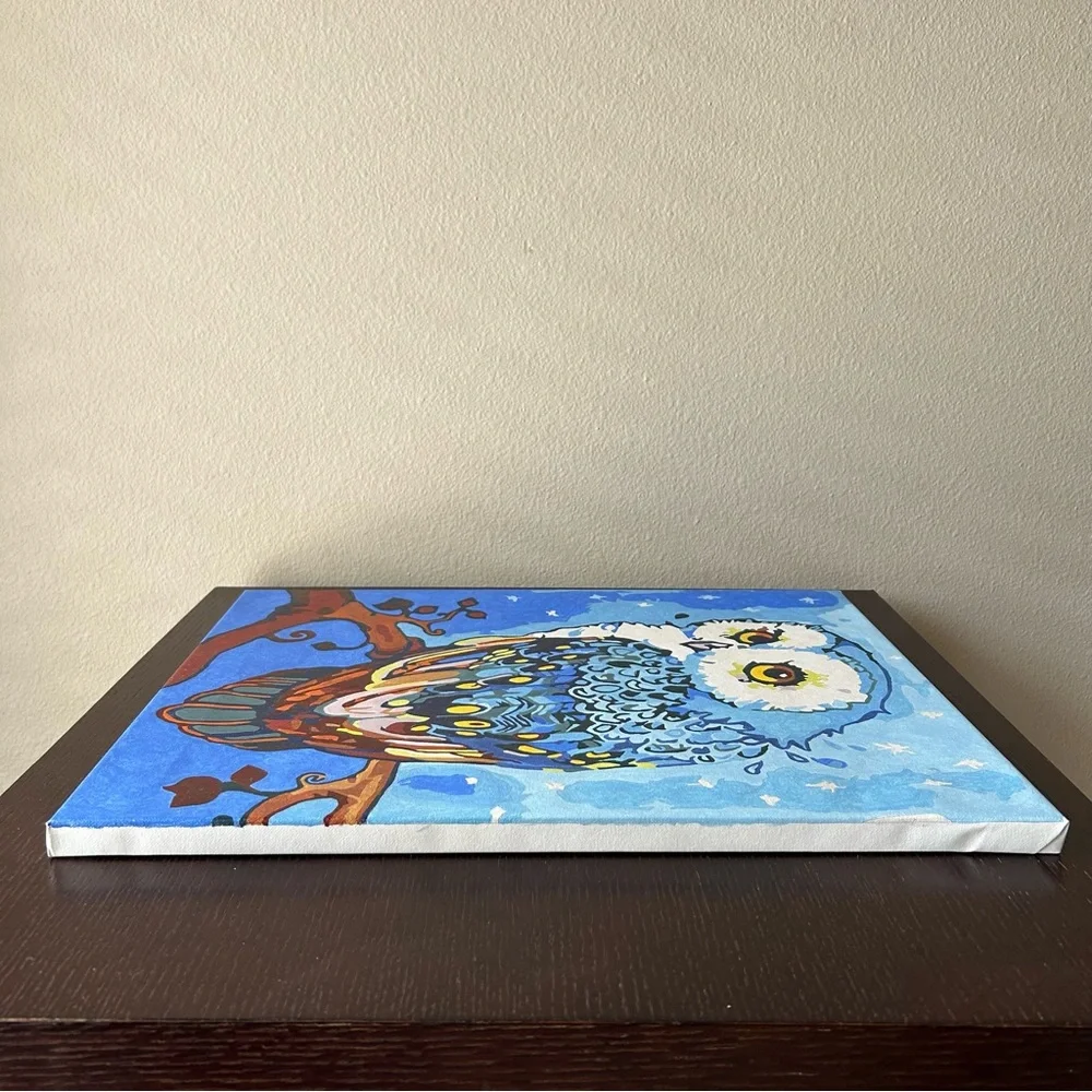 Canvas Oil Painting Blue Owl On Branch Paint by Numbers Stretched Wooden Frame - Picture 10 of 13